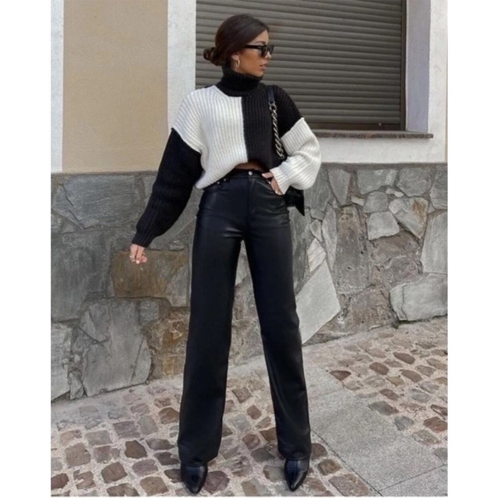 Zara Black Faux Leather Straight Leg Pants Small